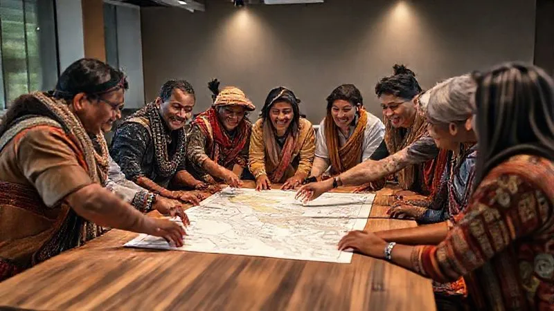 A photorealistic image of a diverse group of people, including indigenous community leaders and tourism professionals, gathered around a large table, actively collaborating on a map or design plans. They are pointing, discussing, and smiling, conveying a sense of shared purpose and co-creation. The setting is modern yet respectful of cultural aesthetics. Professional photography, 8K, cinematic lighting, sharp focus, depth of field, shot on a high-end DSLR.