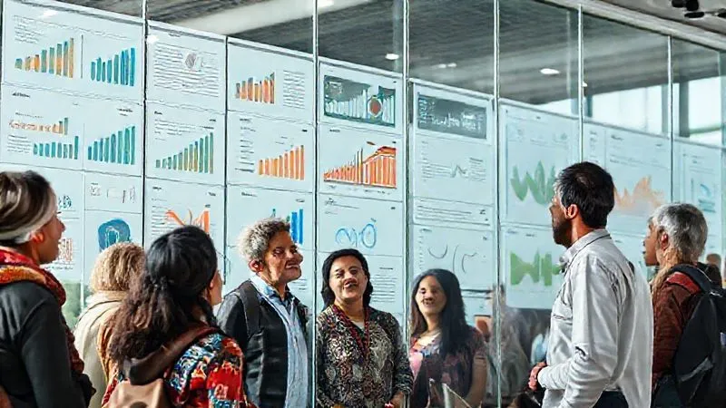 A photorealistic image of a transparent glass wall with various charts and graphs displayed, illustrating progress and data. A diverse group of people, including indigenous community members and tourism stakeholders, are looking at the information with engaged expressions. The lighting is bright and clear, emphasizing transparency and openness. Professional photography, 8K, cinematic lighting, sharp focus, depth of field, shot on a high-end DSLR.
