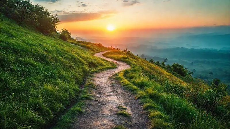A photorealistic image of a winding, well-worn path leading through a lush, vibrant indigenous landscape towards a distant, softly glowing horizon at dawn. The path is illuminated by gentle, hopeful light, symbolizing a journey of healing and progress. Professional photography, 8K, cinematic lighting, sharp focus, depth of field, shot on a high-end DSLR.