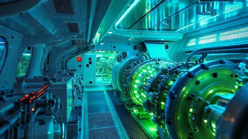A photorealistic, professional photography, 8K, cinematic lighting, sharp focus, depth of field, shot on a high-end DSLR of a futuristic cruise ship concept, showcasing its engine room with glowing, clean-burning alternative fuel cells and advanced propulsion systems, bathed in cool blue and green light, symbolizing sustainable energy. The scene should convey cutting-edge technology and environmental responsibility. A photorealistic, professional photography, 8K, cinematic lighting, sharp focus, depth of field, shot on a high-end DSLR of a futuristic cruise ship concept, showcasing its engine room with glowing, clean-burning alternative fuel cells and advanced propulsion systems, bathed in cool blue and green light, symbolizing sustainable energy. The scene should convey cutting-edge technology and environmental responsibility.
