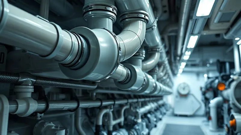 A photorealistic, professional photography, 8K, cinematic lighting, sharp focus, depth of field, shot on a high-end DSLR of the intricate exhaust system of a large cruise ship, showcasing advanced scrubber technology and selective catalytic reduction (SCR) units. The pipes and machinery are clean and well-maintained, with a subtle glow indicating their operational efficiency, set against a backdrop of a modern engine room, emphasizing clean emission technology. A photorealistic, professional photography, 8K, cinematic lighting, sharp focus, depth of field, shot on a high-end DSLR of the intricate exhaust system of a large cruise ship, showcasing advanced scrubber technology and selective catalytic reduction (SCR) units. The pipes and machinery are clean and well-maintained, with a subtle glow indicating their operational efficiency, set against a backdrop of a modern engine room, emphasizing clean emission technology.