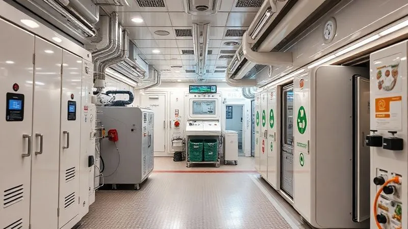 A photorealistic, professional photography, 8K, cinematic lighting, sharp focus, depth of field, shot on a high-end DSLR of a clean, futuristic waste management facility on a cruise ship, showing automated sorting systems, compactors, and a food waste digester unit. The environment is orderly and high-tech, with clear indicators of recycling and waste processing, emphasizing a circular economy approach at sea. A photorealistic, professional photography, 8K, cinematic lighting, sharp focus, depth of field, shot on a high-end DSLR of a clean, futuristic waste management facility on a cruise ship, showing automated sorting systems, compactors, and a food waste digester unit. The environment is orderly and high-tech, with clear indicators of recycling and waste processing, emphasizing a circular economy approach at sea.