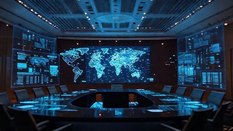 A photorealistic image of a futuristic conference room with holographic displays showing global regulatory maps and interlinked legal documents. Professional photography, 8K, cinematic lighting, sharp focus on the detailed projections, depth of field blurring the background, shot on a high-end DSLR, conveying complex international cooperation and regulatory compliance.
