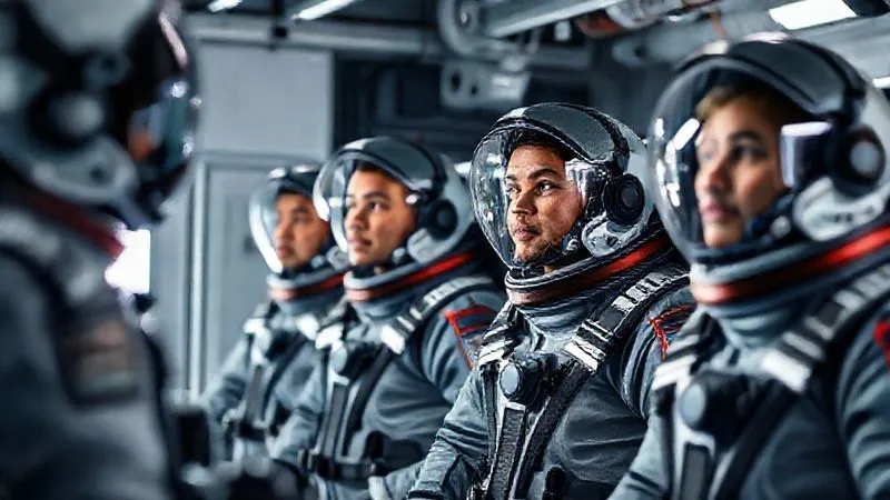 A photorealistic image of diverse space tourists undergoing a rigorous pre-flight training simulation, wearing sleek jumpsuits, in a high-tech training facility. Professional photography, 8K, cinematic lighting, sharp focus on the trainees' determined faces, depth of field blurring the advanced equipment, shot on a high-end DSLR, conveying preparedness and safety.