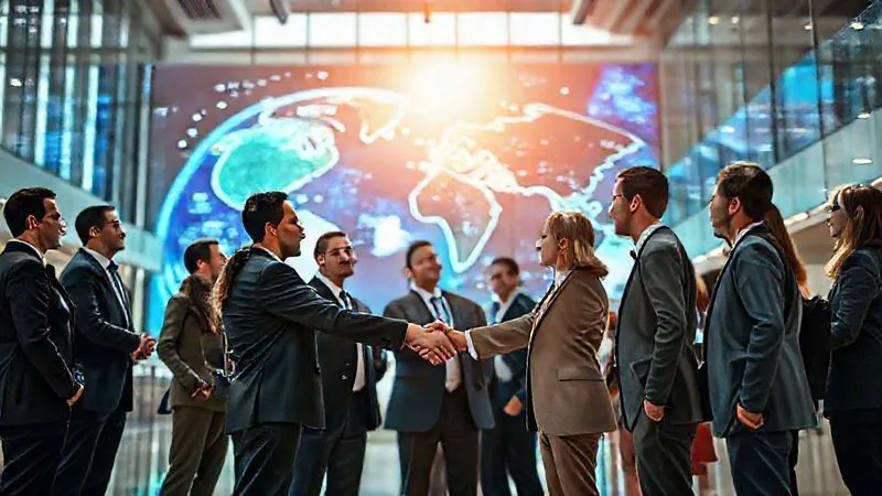 A photorealistic image of a diverse group of space industry executives shaking hands with insurance professionals in a modern, sunlit atrium, with a digital projection of a thriving space tourism economy in the background. Professional photography, 8K, cinematic lighting, sharp focus on the handshake, depth of field blurring the background, shot on a high-end DSLR, conveying collaboration and future prosperity.