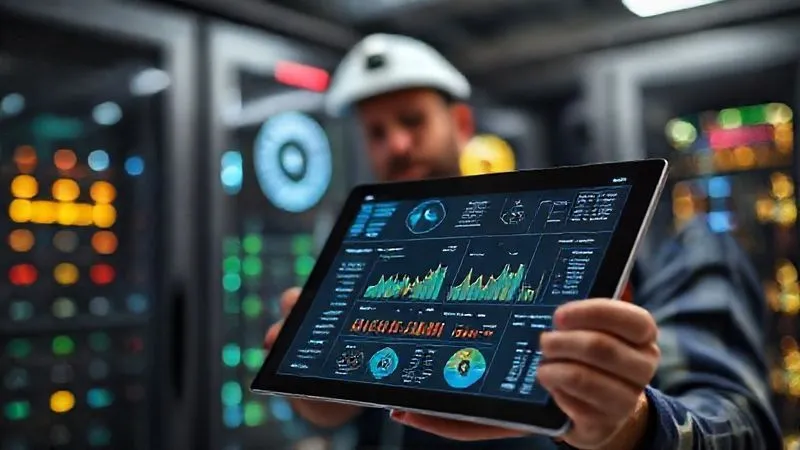 A photorealistic, professional photography, 8K, cinematic lighting, sharp focus, depth of field shot of a resort operations manager reviewing a detailed energy consumption dashboard on a tablet, with complex graphs and charts showing electricity usage by different resort areas. The background shows a modern server room or control center with glowing indicators. A photorealistic, professional photography, 8K, cinematic lighting, sharp focus, depth of field shot of a resort operations manager reviewing a detailed energy consumption dashboard on a tablet, with complex graphs and charts showing electricity usage by different resort areas. The background shows a modern server room or control center with glowing indicators.