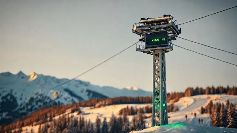 A photorealistic, professional photography, 8K, cinematic lighting, sharp focus, depth of field shot of a modern ski lift tower with a subtle, glowing green energy meter integrated into its base, showing low power consumption. The background features a pristine mountain landscape with skiers on the slopes, highlighting the seamless integration of technology and nature. A photorealistic, professional photography, 8K, cinematic lighting, sharp focus, depth of field shot of a modern ski lift tower with a subtle, glowing green energy meter integrated into its base, showing low power consumption. The background features a pristine mountain landscape with skiers on the slopes, highlighting the seamless integration of technology and nature.
