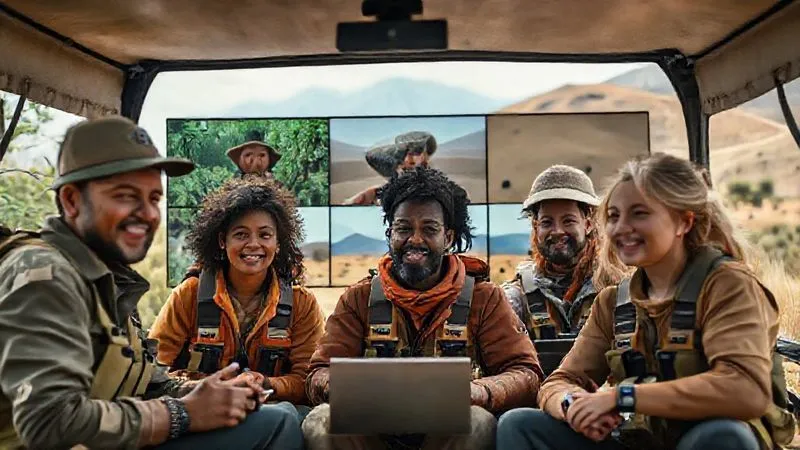 Photorealistic image of a diverse group of remote wildlife rescue volunteers interacting on a video call, each in their own remote field setting (jungle, desert, mountains), looking engaged and connected. Cinematic lighting, 8K, sharp focus, depth of field. Photorealistic image of a diverse group of remote wildlife rescue volunteers interacting on a video call, each in their own remote field setting (jungle, desert, mountains), looking engaged and connected. Cinematic lighting, 8K, sharp focus, depth of field.
