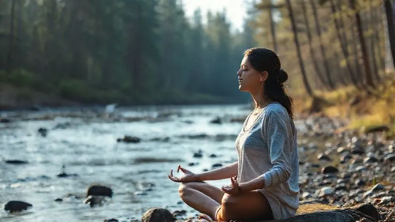 Photorealistic image of a serene, calm individual practicing mindfulness or meditation in a remote, natural setting (e.g., by a quiet stream in a forest), with a small, subtle symbol of wildlife rescue in the background (e.g., a faint outline of an animal). Cinematic lighting, 8K, sharp focus, depth of field. Photorealistic image of a serene, calm individual practicing mindfulness or meditation in a remote, natural setting (e.g., by a quiet stream in a forest), with a small, subtle symbol of wildlife rescue in the background (e.g., a faint outline of an animal). Cinematic lighting, 8K, sharp focus, depth of field.