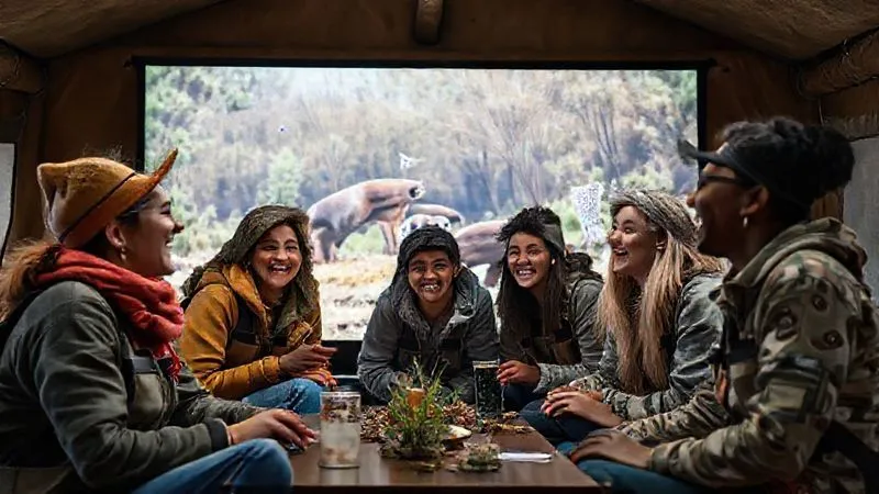 Photorealistic image of a group of diverse wildlife rescue volunteers, from different remote locations, laughing and engaging in a casual, virtual social gathering on a large screen, with elements of nature and wildlife subtly visible in their backgrounds. Cinematic lighting, 8K, sharp focus, depth of field. Photorealistic image of a group of diverse wildlife rescue volunteers, from different remote locations, laughing and engaging in a casual, virtual social gathering on a large screen, with elements of nature and wildlife subtly visible in their backgrounds. Cinematic lighting, 8K, sharp focus, depth of field.