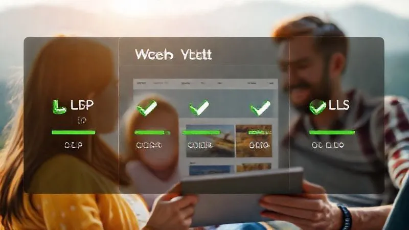 A photorealistic digital interface showing Core Web Vitals scores (LCP, FID, CLS) for a website, with green checkmarks indicating good performance, against a backdrop of a family enjoying a fast-loading travel blog on a tablet. 8K, cinematic lighting, sharp focus, highlighting the importance of a smooth user experience. A photorealistic digital interface showing Core Web Vitals scores (LCP, FID, CLS) for a website, with green checkmarks indicating good performance, against a backdrop of a family enjoying a fast-loading travel blog on a tablet. 8K, cinematic lighting, sharp focus, highlighting the importance of a smooth user experience.