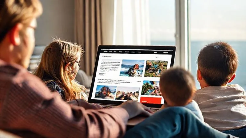 A photorealistic, bright, and engaging user interface of a family travel blog on a laptop screen, showing clear navigation, high-quality images of travel destinations, and easy-to-read text. A family is comfortably viewing it, highlighting a positive user experience. 8K, cinematic lighting, sharp focus. A photorealistic, bright, and engaging user interface of a family travel blog on a laptop screen, showing clear navigation, high-quality images of travel destinations, and easy-to-read text. A family is comfortably viewing it, highlighting a positive user experience. 8K, cinematic lighting, sharp focus.