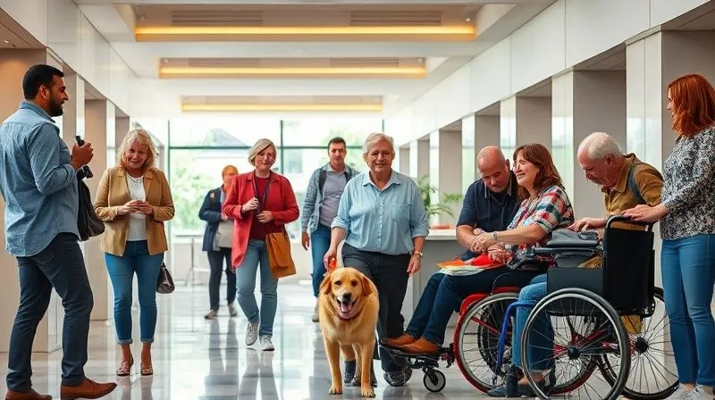photorealistic, professional photography, 8K, cinematic lighting, sharp focus, depth of field, shot on a high-end DSLR, a diverse group of travelers, some with visible disabilities (e.g., a person using a cane, a person in a power wheelchair, a person with a service dog), interacting comfortably and happily in a bright, modern, and clearly accessible hotel common area, wide pathways, natural light, a sense of belonging and ease photorealistic, professional photography, 8K, cinematic lighting, sharp focus, depth of field, shot on a high-end DSLR, a diverse group of travelers, some with visible disabilities (e.g., a person using a cane, a person in a power wheelchair, a person with a service dog), interacting comfortably and happily in a bright, modern, and clearly accessible hotel common area, wide pathways, natural light, a sense of belonging and ease