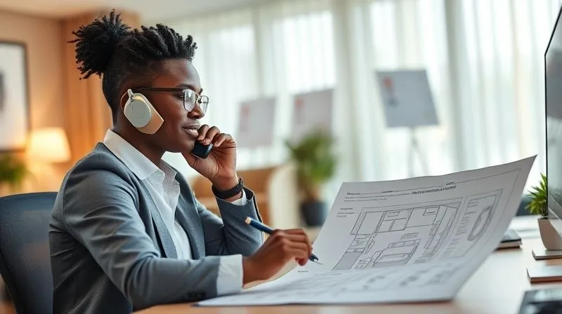 photorealistic, professional photography, 8K, cinematic lighting, sharp focus, depth of field, shot on a high-end DSLR, a hotel guest services manager (diverse, empathetic, professional) on the phone, actively listening and taking notes, with a detailed accessible room blueprint or checklist spread out on their desk, bright, organized, and welcoming office environment photorealistic, professional photography, 8K, cinematic lighting, sharp focus, depth of field, shot on a high-end DSLR, a hotel guest services manager (diverse, empathetic, professional) on the phone, actively listening and taking notes, with a detailed accessible room blueprint or checklist spread out on their desk, bright, organized, and welcoming office environment