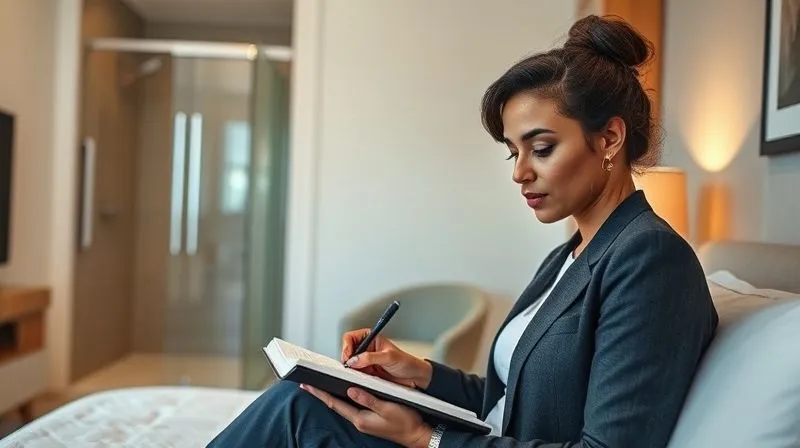 photorealistic, professional photography, 8K, cinematic lighting, sharp focus, depth of field, shot on a high-end DSLR, a person (diverse, professional) writing in a journal or typing on a tablet, looking thoughtful and determined, in a well-lit, modern hotel room, a subtle accessible feature like a grab bar or roll-in shower visible in the background, conveying a sense of advocacy and thoughtful reflection photorealistic, professional photography, 8K, cinematic lighting, sharp focus, depth of field, shot on a high-end DSLR, a person (diverse, professional) writing in a journal or typing on a tablet, looking thoughtful and determined, in a well-lit, modern hotel room, a subtle accessible feature like a grab bar or roll-in shower visible in the background, conveying a sense of advocacy and thoughtful reflection