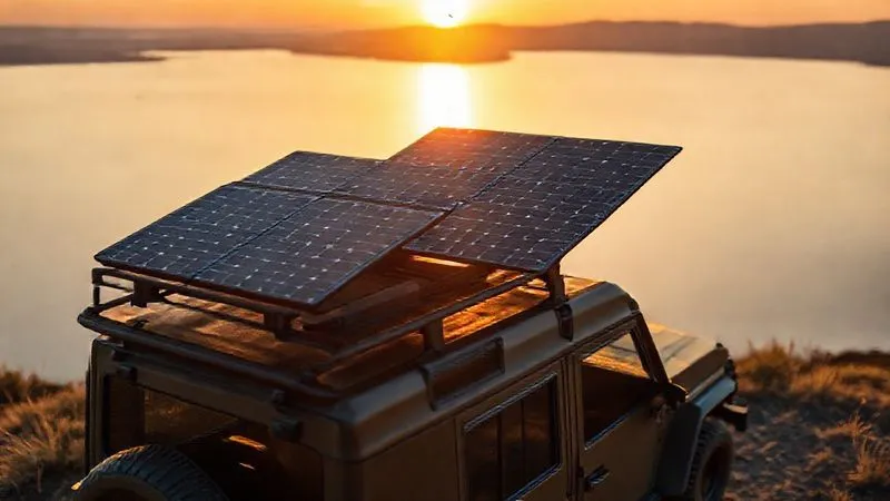 A photorealistic drone shot overlooking a rugged overland vehicle parked by a serene lake at sunrise. Multiple foldable solar panels are perfectly angled towards the rising sun, reflecting the golden light. The vehicle's roof also has fixed flexible solar panels. Cinematic lighting, sharp focus on the solar setup, depth of field blurring the distant landscape. Photorealistic, professional photography, 8K, cinematic lighting, sharp focus, depth of field, shot on a high-end DSLR. A photorealistic drone shot overlooking a rugged overland vehicle parked by a serene lake at sunrise. Multiple foldable solar panels are perfectly angled towards the rising sun, reflecting the golden light. The vehicle's roof also has fixed flexible solar panels. Cinematic lighting, sharp focus on the solar setup, depth of field blurring the distant landscape. Photorealistic, professional photography, 8K, cinematic lighting, sharp focus, depth of field, shot on a high-end DSLR.