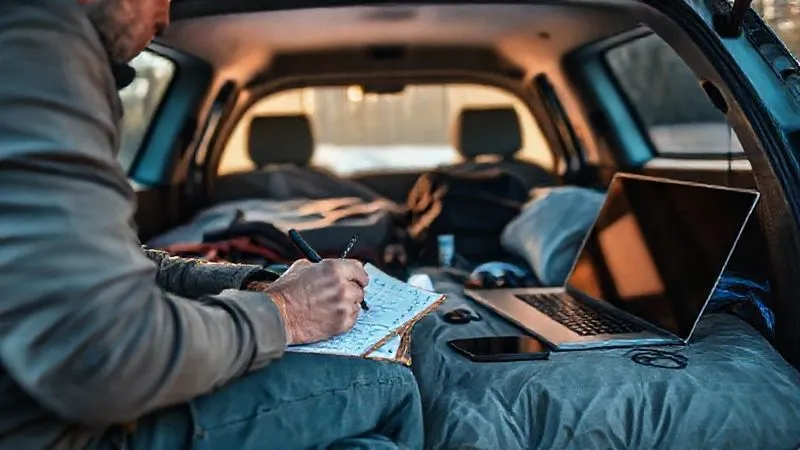 A photorealistic, professional photography, 8K, cinematic lighting, sharp focus, depth of field, shot on a high-end DSLR, of a person meticulously calculating power needs for various devices on a notepad, with a laptop and phone laid out next to them, inside a well-organized car camping setup. The scene should convey thoughtful planning and preparation. A photorealistic, professional photography, 8K, cinematic lighting, sharp focus, depth of field, shot on a high-end DSLR, of a person meticulously calculating power needs for various devices on a notepad, with a laptop and phone laid out next to them, inside a well-organized car camping setup. The scene should convey thoughtful planning and preparation.