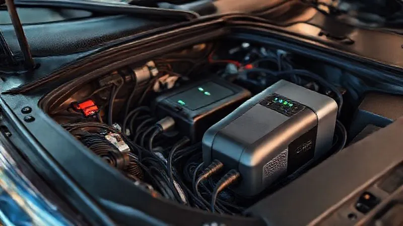 A photorealistic, professional photography, 8K, cinematic lighting, sharp focus, depth of field, shot on a high-end DSLR, showing a DC-DC charger neatly installed in a car's engine bay, with wires running to a portable power station inside the vehicle. The image should highlight clean wiring and professional installation, conveying reliability and technical integration. A photorealistic, professional photography, 8K, cinematic lighting, sharp focus, depth of field, shot on a high-end DSLR, showing a DC-DC charger neatly installed in a car's engine bay, with wires running to a portable power station inside the vehicle. The image should highlight clean wiring and professional installation, conveying reliability and technical integration.
