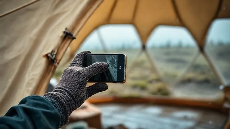 photorealistic, professional photography, 8K, cinematic lighting, sharp focus, depth of field, shot on a high-end DSLR of a person in work gloves carefully documenting damage on a glamping geodome's exterior with a smartphone, showing torn fabric and bent struts, with a blurred, storm-affected natural background.