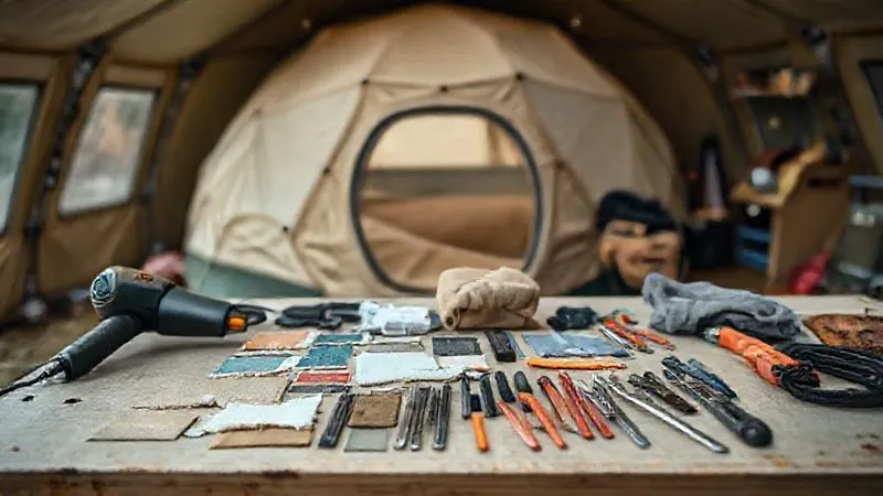 photorealistic, professional photography, 8K, cinematic lighting, sharp focus, depth of field, shot on a high-end DSLR of a neatly organized repair kit laid out on a clean workbench next to a glamping geodome in the background. Tools like a heat gun, various fabric patches, adhesive tubes, utility knife, and gloves are clearly visible, conveying preparedness and expertise.