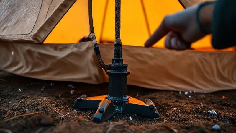 photorealistic, professional photography, 8K, cinematic lighting, sharp focus, depth of field, shot on a high-end DSLR of a glamping geodome's base, showing robust, heavy-duty helix anchors securely fastened into the ground, with a person's hand pointing to the reinforced connection, conveying stability and proactive protection against extreme weather.