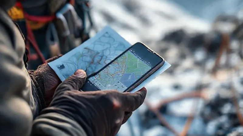 A photorealistic close-up of a climbing guide's worn hands meticulously checking a detailed route topo and a weather forecast on a satellite device, with climbing ropes and gear blurred in the background, cinematic lighting, sharp focus on the hands and devices, depth of field, 8K hyper-detailed, shot on a high-end DSLR. A photorealistic close-up of a climbing guide's worn hands meticulously checking a detailed route topo and a weather forecast on a satellite device, with climbing ropes and gear blurred in the background, cinematic lighting, sharp focus on the hands and devices, depth of field, 8K hyper-detailed, shot on a high-end DSLR.