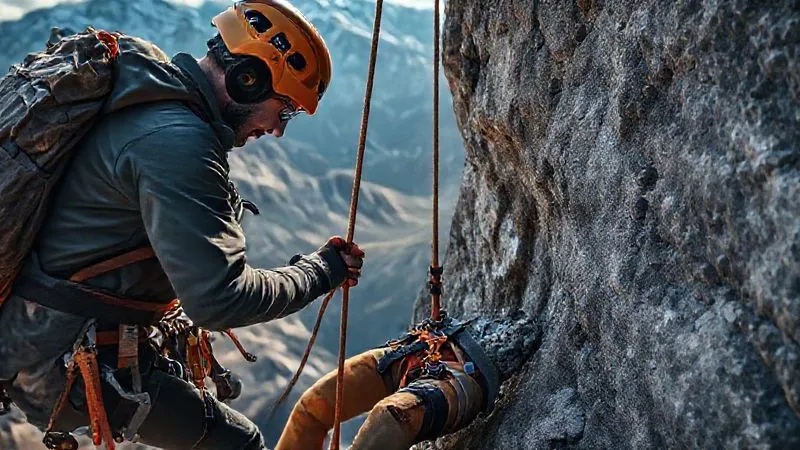 A photorealistic and professional photography shot of a climbing guide meticulously setting up a lowering system on a rugged rock face. The guide is wearing a helmet and harness, focused on the ropes and anchor. The injured client is visible, secured in a full-body harness below, with a dramatic mountain landscape in the background, cinematic lighting, sharp focus, depth of field, 8K hyper-detailed, shot on a high-end DSLR. A photorealistic and professional photography shot of a climbing guide meticulously setting up a lowering system on a rugged rock face. The guide is wearing a helmet and harness, focused on the ropes and anchor. The injured client is visible, secured in a full-body harness below, with a dramatic mountain landscape in the background, cinematic lighting, sharp focus, depth of field, 8K hyper-detailed, shot on a high-end DSLR.