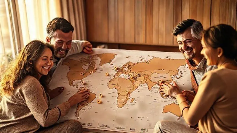 Photorealistic, professional photography, 8K, cinematic lighting, sharp focus, depth of field, shot on a high-end DSLR. A diverse group of families, smiling and relaxed, gathered around a large, elegant world map, collaboratively placing small, symbolic coins or budget icons on different travel destinations, representing shared planning and financial harmony. The atmosphere is warm, inviting, and cooperative, with soft, golden hour light filtering in. No text or logos. Photorealistic, professional photography, 8K, cinematic lighting, sharp focus, depth of field, shot on a high-end DSLR. A diverse group of families, smiling and relaxed, gathered around a large, elegant world map, collaboratively placing small, symbolic coins or budget icons on different travel destinations, representing shared planning and financial harmony. The atmosphere is warm, inviting, and cooperative, with soft, golden hour light filtering in. No text or logos.