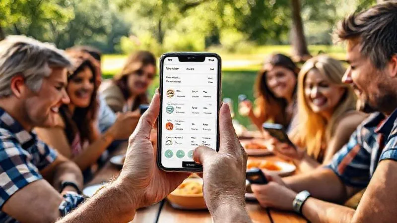 Photorealistic, professional photography, 8K, cinematic lighting, sharp focus, depth of field, shot on a high-end DSLR. A diverse group of friends and family, casually gathered around a picnic table on a sunny day, each holding a smartphone, with one person's phone screen prominently displaying a clear, user-friendly expense-splitting app interface showing various categories and balances. The mood is relaxed and collaborative. No text or logos. Photorealistic, professional photography, 8K, cinematic lighting, sharp focus, depth of field, shot on a high-end DSLR. A diverse group of friends and family, casually gathered around a picnic table on a sunny day, each holding a smartphone, with one person's phone screen prominently displaying a clear, user-friendly expense-splitting app interface showing various categories and balances. The mood is relaxed and collaborative. No text or logos.