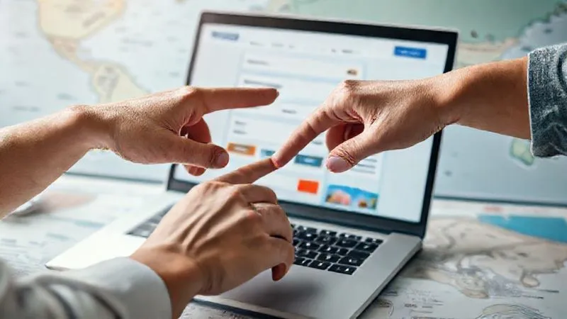 Photorealistic, professional photography, 8K, cinematic lighting, sharp focus, depth of field, shot on a high-end DSLR. Two sets of hands, belonging to different individuals but working collaboratively, are positioned over an open laptop showing a travel booking website. One hand is pointing at a destination, the other is hovering over the 'confirm booking' button. There's a sense of shared decision-making and excitement. The background is a subtly blurred travel map. No text or logos. Photorealistic, professional photography, 8K, cinematic lighting, sharp focus, depth of field, shot on a high-end DSLR. Two sets of hands, belonging to different individuals but working collaboratively, are positioned over an open laptop showing a travel booking website. One hand is pointing at a destination, the other is hovering over the 'confirm booking' button. There's a sense of shared decision-making and excitement. The background is a subtly blurred travel map. No text or logos.