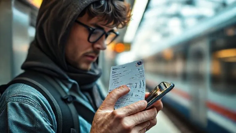 A close-up, photorealistic image of a traveler meticulously documenting their train ticket and new seat assignment with a smartphone, cinematic lighting, sharp focus, 8K, professional photography, depth of field blurring a train platform in the background. A close-up, photorealistic image of a traveler meticulously documenting their train ticket and new seat assignment with a smartphone, cinematic lighting, sharp focus, 8K, professional photography, depth of field blurring a train platform in the background.