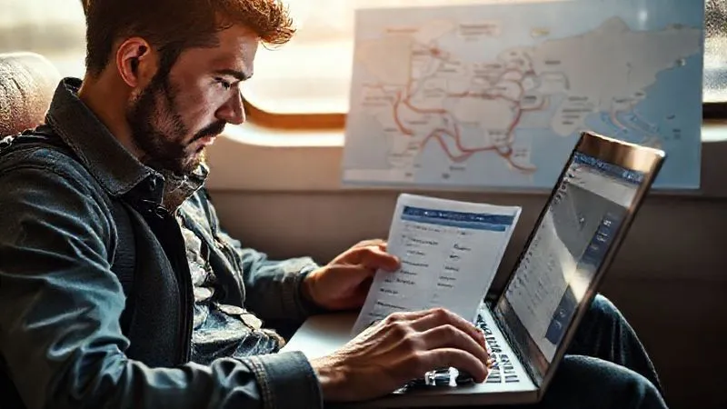 A photorealistic, detailed image of a traveler carefully reviewing booking options on a laptop, with a focus on 'flexible' vs. 'non-refundable' choices, a train journey map subtly in the background, cinematic lighting, 8K, sharp focus. A photorealistic, detailed image of a traveler carefully reviewing booking options on a laptop, with a focus on 'flexible' vs. 'non-refundable' choices, a train journey map subtly in the background, cinematic lighting, 8K, sharp focus.