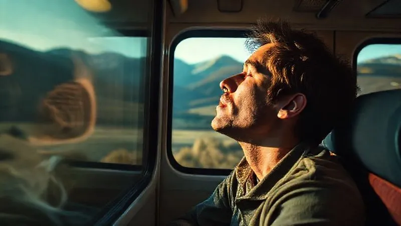 A photorealistic image of a person taking a deep, calming breath inside a train cabin, looking out at a scenic landscape, conveying peace despite a stressful situation, soft cinematic lighting, 8K, depth of field. A photorealistic image of a person taking a deep, calming breath inside a train cabin, looking out at a scenic landscape, conveying peace despite a stressful situation, soft cinematic lighting, 8K, depth of field.