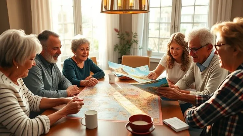 A photorealistic, professional photography image of a diverse multi-generational family sitting around a large dining table, looking at maps and travel brochures, engaged in animated and joyful conversation about their upcoming trip. Sunlight streams through a window, highlighting their happy faces. 8K, cinematic lighting, sharp focus, depth of field, shot on a high-end DSLR.