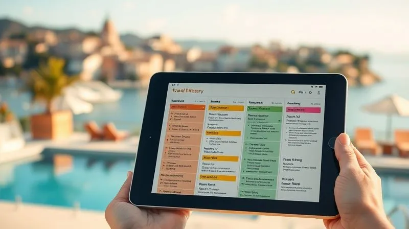 A photorealistic, professional photography image of a detailed travel itinerary on a tablet, showing color-coded activities for different family members, with a background of a blurred beautiful Mediterranean landscape. The itinerary is clear and organized, suggesting careful planning. 8K, cinematic lighting, sharp focus on the tablet, depth of field, shot on a high-end DSLR.