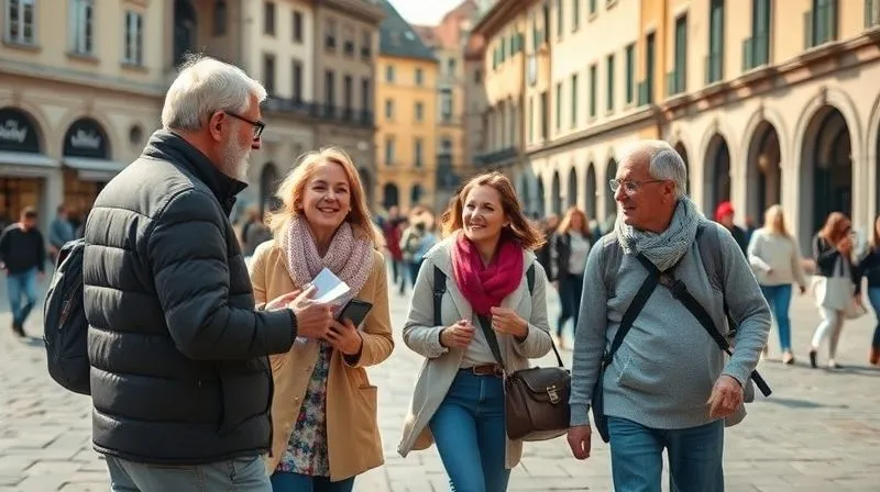 A photorealistic, professional photography image of a multi-generational family (grandparents, parents, children) happily engaged on a guided walking tour through a bustling historical European city square. The guide, a friendly local, is pointing out landmarks and telling stories, captivating everyone's attention. 8K, cinematic lighting, sharp focus on the group and guide, depth of field, shot on a high-end DSLR.