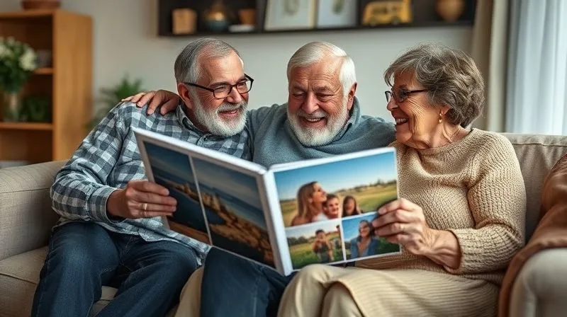 A photorealistic, professional photography image of a multi-generational family sitting comfortably on a sofa at home, looking through a photo album or digital photo frame from their recent trip, laughing and sharing stories. The atmosphere is warm and nostalgic. 8K, cinematic lighting, sharp focus on the family and album, depth of field, shot on a high-end DSLR.