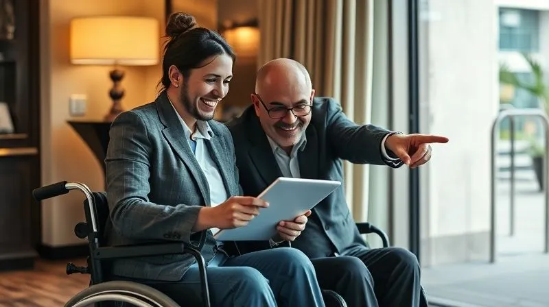 A hotel manager and a guest in a wheelchair collaboratively reviewing a checklist on a tablet, smiling and pointing to an accessible entrance, professional photography, 8K, cinematic lighting, sharp focus, depth of field, shot on a high-end DSLR, conveying collaboration and practical assessment. A hotel manager and a guest in a wheelchair collaboratively reviewing a checklist on a tablet, smiling and pointing to an accessible entrance, professional photography, 8K, cinematic lighting, sharp focus, depth of field, shot on a high-end DSLR, conveying collaboration and practical assessment.