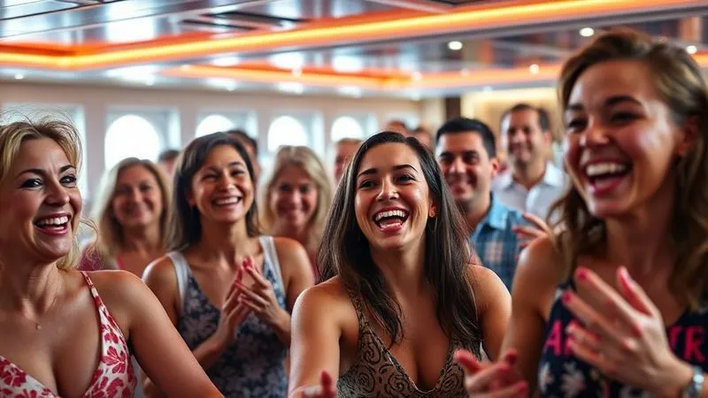 A photorealistic, professional photography, 8K, cinematic lighting, sharp focus, depth of field, shot on a high-end DSLR, showing a diverse group of cruise guests of all ages smiling and actively engaged in an interactive onboard activity, perhaps a game show or a dance class, with vibrant energy and genuine excitement. Their faces reflect joy and participation.