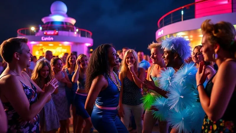 A photorealistic, professional photography, 8K, cinematic lighting, sharp focus, depth of field, shot on a high-end DSLR, showing a vibrant, interactive entertainment show on a cruise ship's deck at night. Guests are laughing and participating, perhaps with performers in dynamic costumes engaging directly with the crowd. Colorful lights illuminate the scene, creating an energetic and joyful atmosphere.