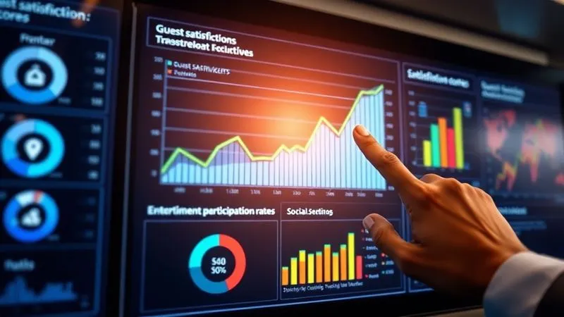 A photorealistic, professional photography, 8K, cinematic lighting, sharp focus, depth of field, shot on a high-end DSLR, showing a sleek, modern data dashboard with various charts and graphs displaying positive trends in 'guest satisfaction scores,' 'entertainment participation rates,' and 'social media sentiment.' A human hand, perhaps a cruise executive's, is pointing at a rising green line on a graph, indicating successful reversal of declining scores. The screen glows with insightful data.
