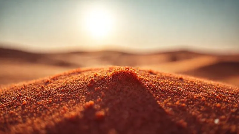 A close-up, macro shot of a single grain of fine red desert sand magnified, sitting on a camera sensor, illustrating potential damage, with a blurred background of a scorching desert landscape under a harsh sun. Photorealistic, professional photography, 8K, cinematic lighting, sharp focus, depth of field, shot on a high-end DSLR.