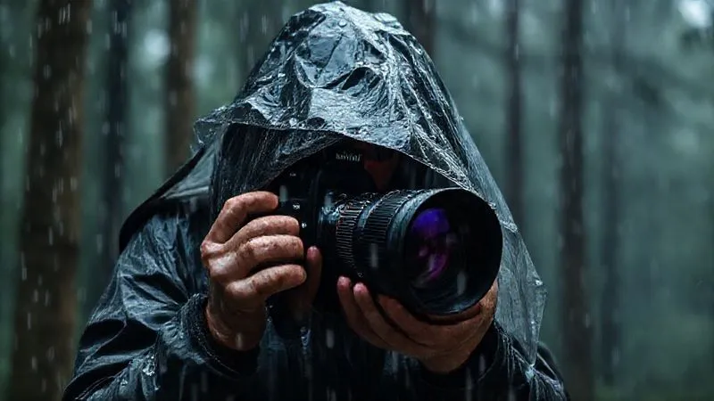 A professional photographer swiftly deploying a rain cover over their DSLR and large lens in a sudden downpour, with water droplets visible on the gear and lens, amidst a dark, atmospheric forest. Photorealistic, professional photography, 8K, cinematic lighting, sharp focus, depth of field, shot on a high-end DSLR.