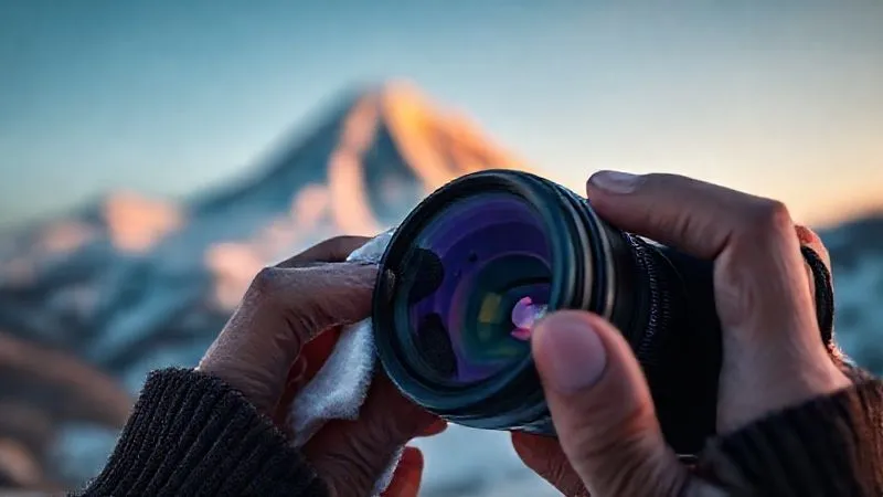 A pair of hands meticulously cleaning a camera lens with a specialized lens pen and micro-fiber cloth, focusing on removing a subtle smudge, against a blurred backdrop of a pristine snow-covered mountain peak at dawn. Photorealistic, professional photography, 8K, cinematic lighting, sharp focus, depth of field, shot on a high-end DSLR.