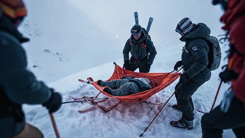 A photorealistic, professional photography, 8K, cinematic lighting, sharp focus, depth of field, shot on a high-end DSLR of a small team of experienced winter guides demonstrating the construction of an improvised stretcher using skis, poles, and a tarp on a snowy mountain trail. One guide explains the lashing technique while another points to the secure placement of a simulated patient. The scene emphasizes practical skills and teamwork. A photorealistic, professional photography, 8K, cinematic lighting, sharp focus, depth of field, shot on a high-end DSLR of a small team of experienced winter guides demonstrating the construction of an improvised stretcher using skis, poles, and a tarp on a snowy mountain trail. One guide explains the lashing technique while another points to the secure placement of a simulated patient. The scene emphasizes practical skills and teamwork.