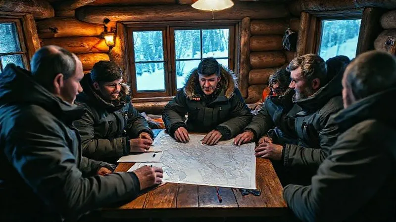 A photorealistic, professional photography, 8K, cinematic lighting, sharp focus, depth of field, shot on a high-end DSLR of a small team of winter guides sitting around a map in a cozy, rustic cabin, engaged in a serious debriefing session after a challenging rescue. They look reflective and focused, with notes and diagrams on the table. The atmosphere is one of thoughtful analysis and camaraderie, emphasizing learning and psychological support. A photorealistic, professional photography, 8K, cinematic lighting, sharp focus, depth of field, shot on a high-end DSLR of a small team of winter guides sitting around a map in a cozy, rustic cabin, engaged in a serious debriefing session after a challenging rescue. They look reflective and focused, with notes and diagrams on the table. The atmosphere is one of thoughtful analysis and camaraderie, emphasizing learning and psychological support.
