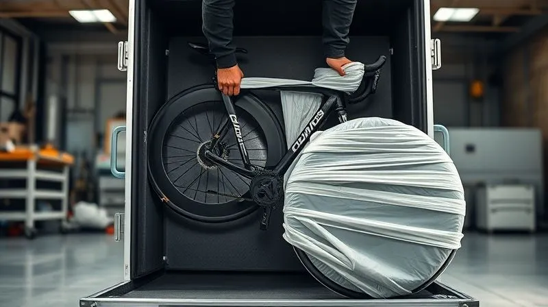 A photorealistic, professional photography, 8K, cinematic lighting, sharp focus, depth of field, shot on a high-end DSLR, showing a pair of hands meticulously wrapping the frame of a sleek, black racing wheelchair with high-density foam and industrial cling wrap, inside a large, open, specialized travel case. The background is a clean, well-lit workshop, conveying care and precision. A photorealistic, professional photography, 8K, cinematic lighting, sharp focus, depth of field, shot on a high-end DSLR, showing a pair of hands meticulously wrapping the frame of a sleek, black racing wheelchair with high-density foam and industrial cling wrap, inside a large, open, specialized travel case. The background is a clean, well-lit workshop, conveying care and precision.
