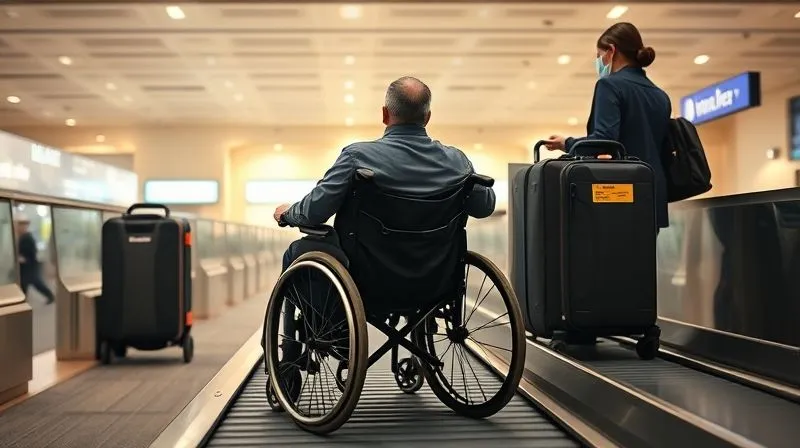 A photorealistic, professional photography, 8K, cinematic lighting, sharp focus, depth of field, shot on a high-end DSLR, depicting a traveler in a standard airport wheelchair, politely engaging with a uniformed airline check-in agent at a brightly lit, modern check-in counter. In the background, a large, well-labeled travel case for a racing wheelchair is visible on the oversized baggage conveyor belt, emphasizing the check-in process for specialized equipment. A photorealistic, professional photography, 8K, cinematic lighting, sharp focus, depth of field, shot on a high-end DSLR, depicting a traveler in a standard airport wheelchair, politely engaging with a uniformed airline check-in agent at a brightly lit, modern check-in counter. In the background, a large, well-labeled travel case for a racing wheelchair is visible on the oversized baggage conveyor belt, emphasizing the check-in process for specialized equipment.