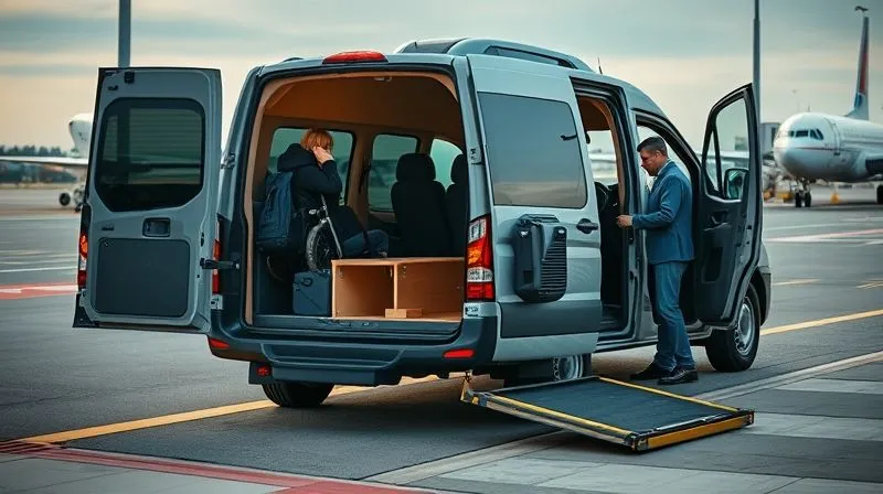 A photorealistic, professional photography, 8K, cinematic lighting, sharp focus, depth of field, shot on a high-end DSLR, showing a modern, accessible taxi van with its ramp extended, waiting at an international airport curb. A traveler is seen interacting with the driver, while a sleek racing wheelchair travel case is carefully being loaded into the spacious interior. The scene conveys ease and efficient post-flight logistics. A photorealistic, professional photography, 8K, cinematic lighting, sharp focus, depth of field, shot on a high-end DSLR, showing a modern, accessible taxi van with its ramp extended, waiting at an international airport curb. A traveler is seen interacting with the driver, while a sleek racing wheelchair travel case is carefully being loaded into the spacious interior. The scene conveys ease and efficient post-flight logistics.