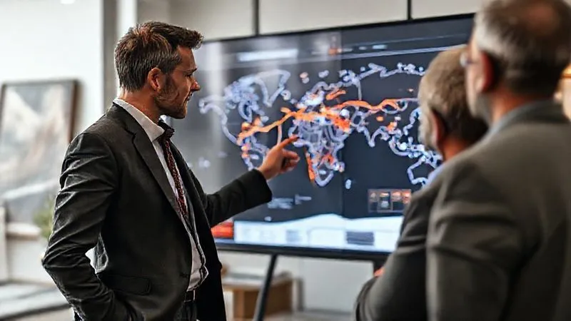 A photorealistic image of a professional fine art logistics consultant, dressed in smart casual attire, pointing to a detailed global shipping route map on a large screen, discussing complex logistics with an artist or gallery owner. The office environment is modern and clean, with subtle art pieces in the background. Cinematic lighting, sharp focus on the consultant and map, depth of field blurring the background, 8K hyper-detailed.